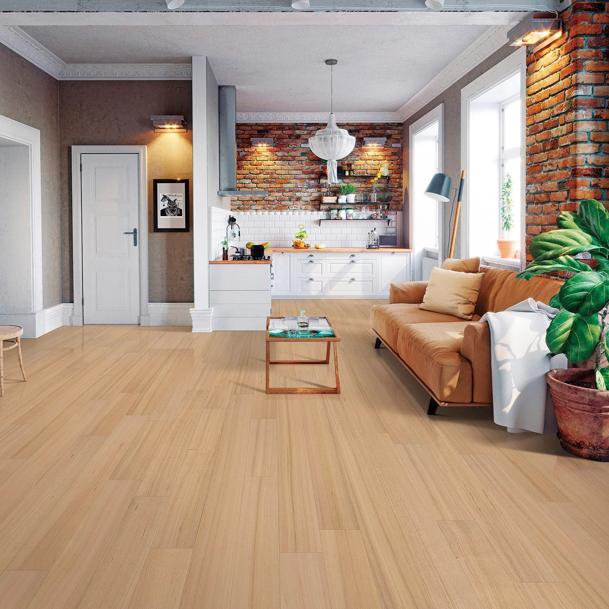 Modern living room with wooden flooring, sofa, and kitchen in the background.