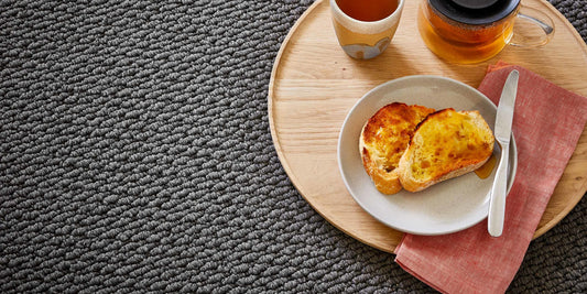 Modern breakfast setting on grey Redbook Central Valley carpet at Award Carpets Loganholme.