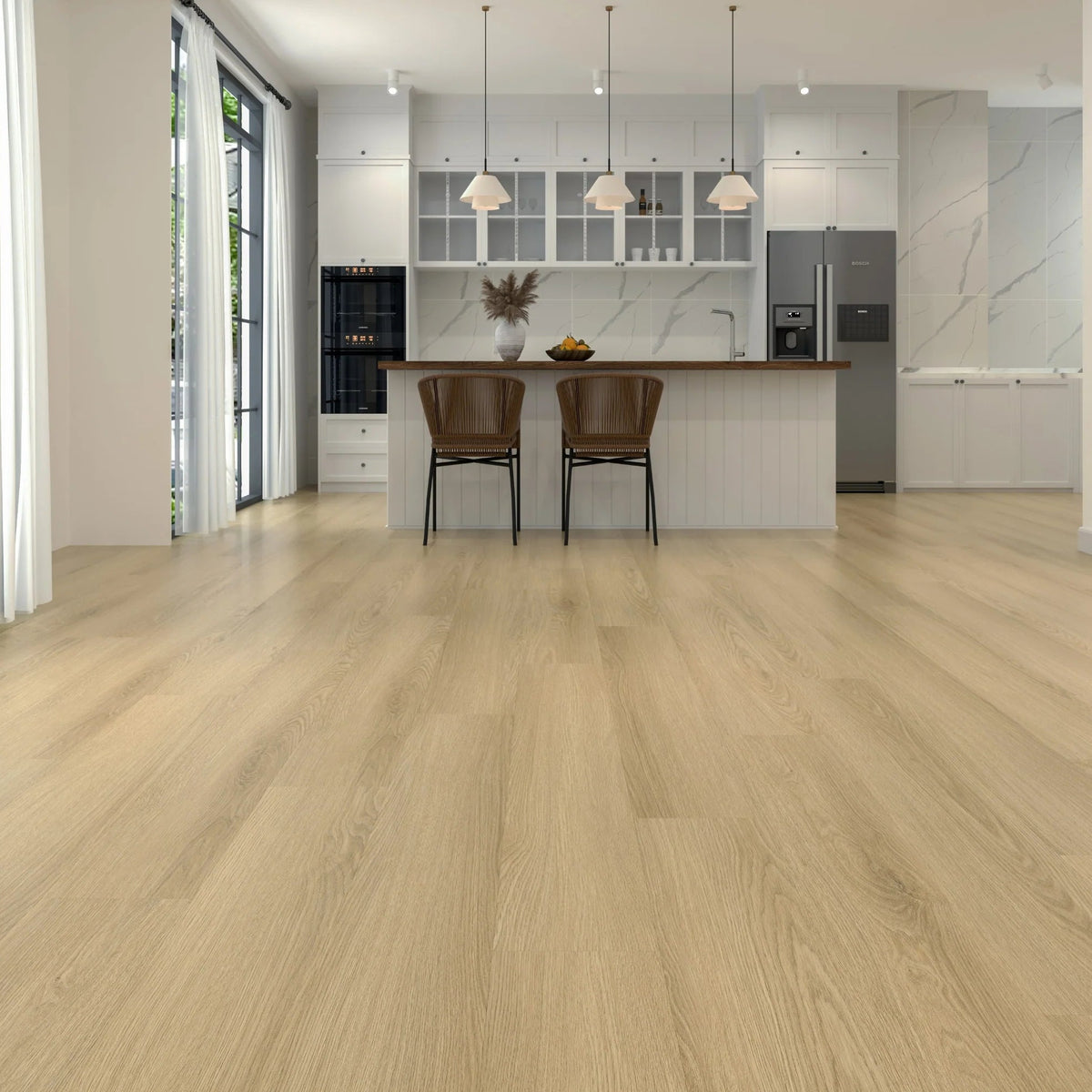 Kitchen with american oak lux grain 12mm laminate. 