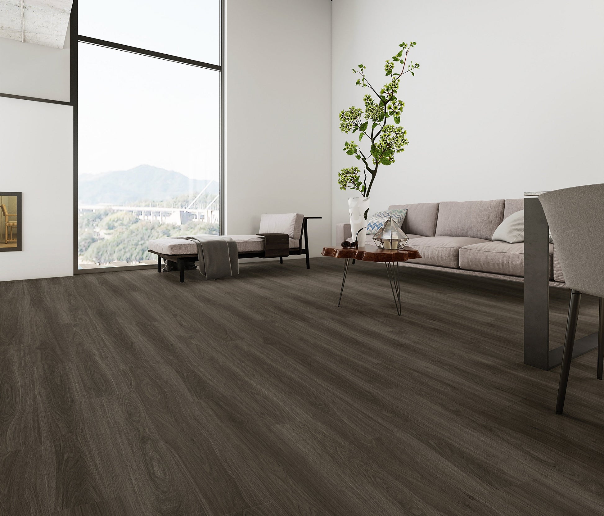 Living room with dark brown wood look flooring called American Walnut, Illusions range by NFD