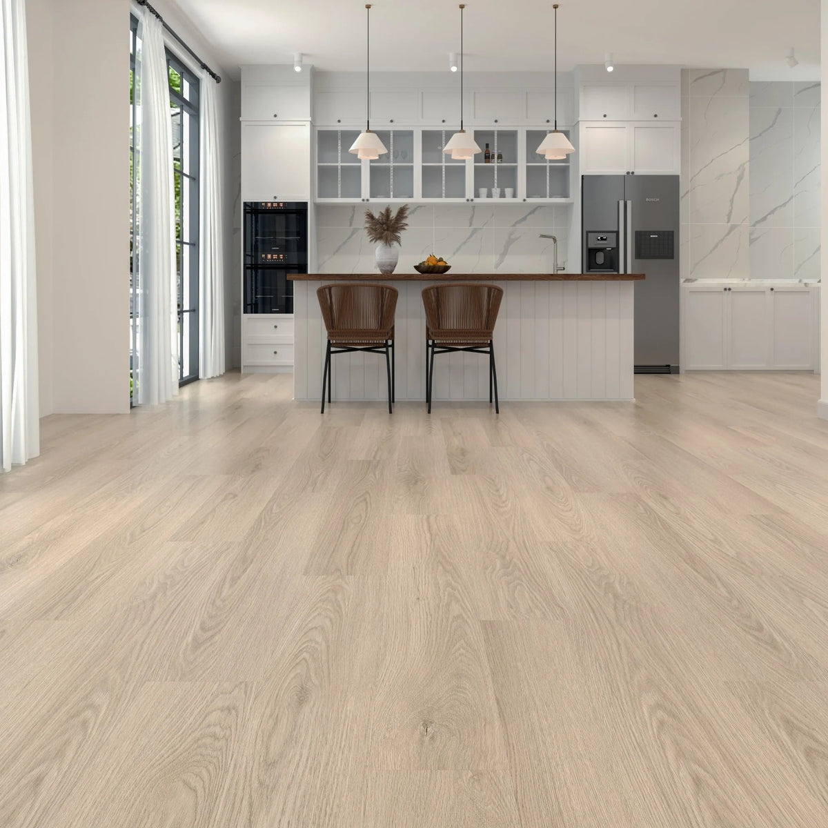 Light oak wood flooring shown in a modern kitchen interior with white cabinetry, pendant lights, two brown bar stools, and a stainless steel refrigerator.