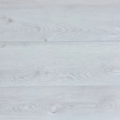 Close-up of a light white hybrid flooring with grey visible grain.