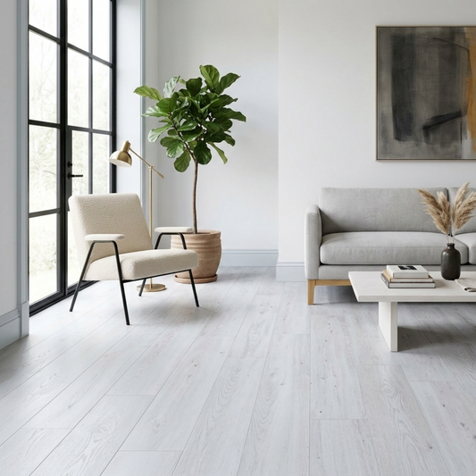 Modern living room with Aspen hybrid flooring.