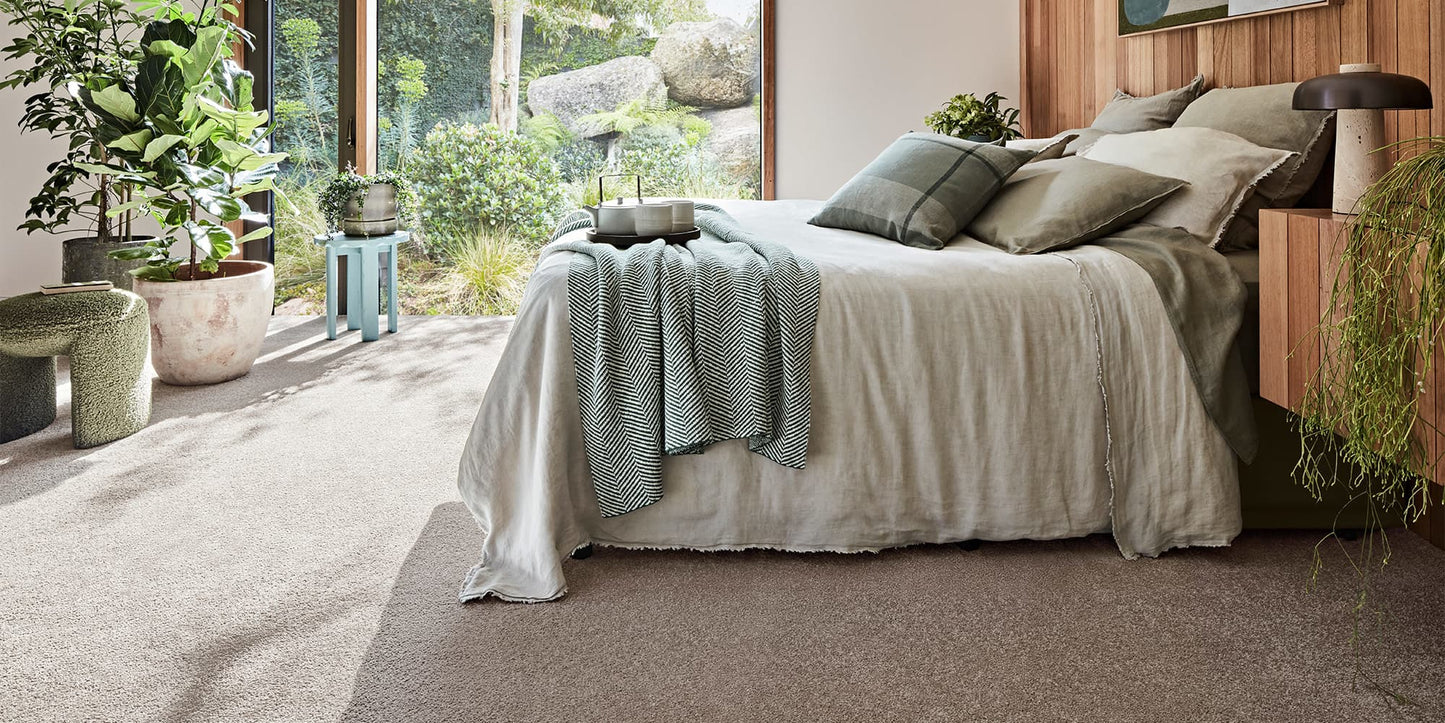 Cozy Bedroom with nice and soft carpet in colour light brown