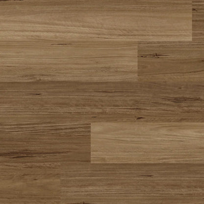 Medium brown laminate flooring planks arranged in a staggered pattern, showing natural wood grain texture.