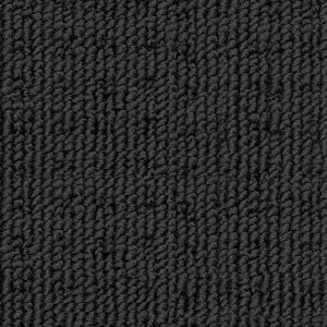 Sample swatch of Redbook Carpets Genesis loop-pile polypropylene carpet in Caldera, showing a textured black colour with a low looped square pattern.