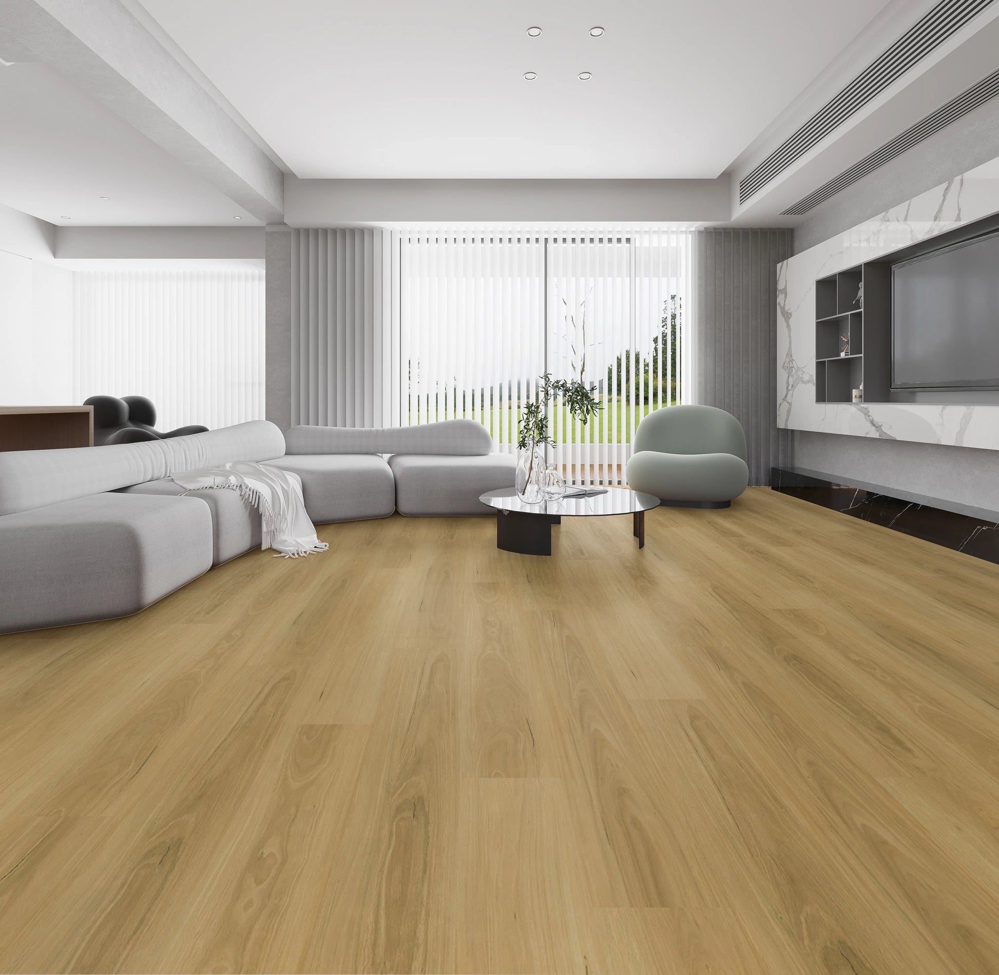 Living room with vinyl plank flooring in the colour Murray by NFD. 