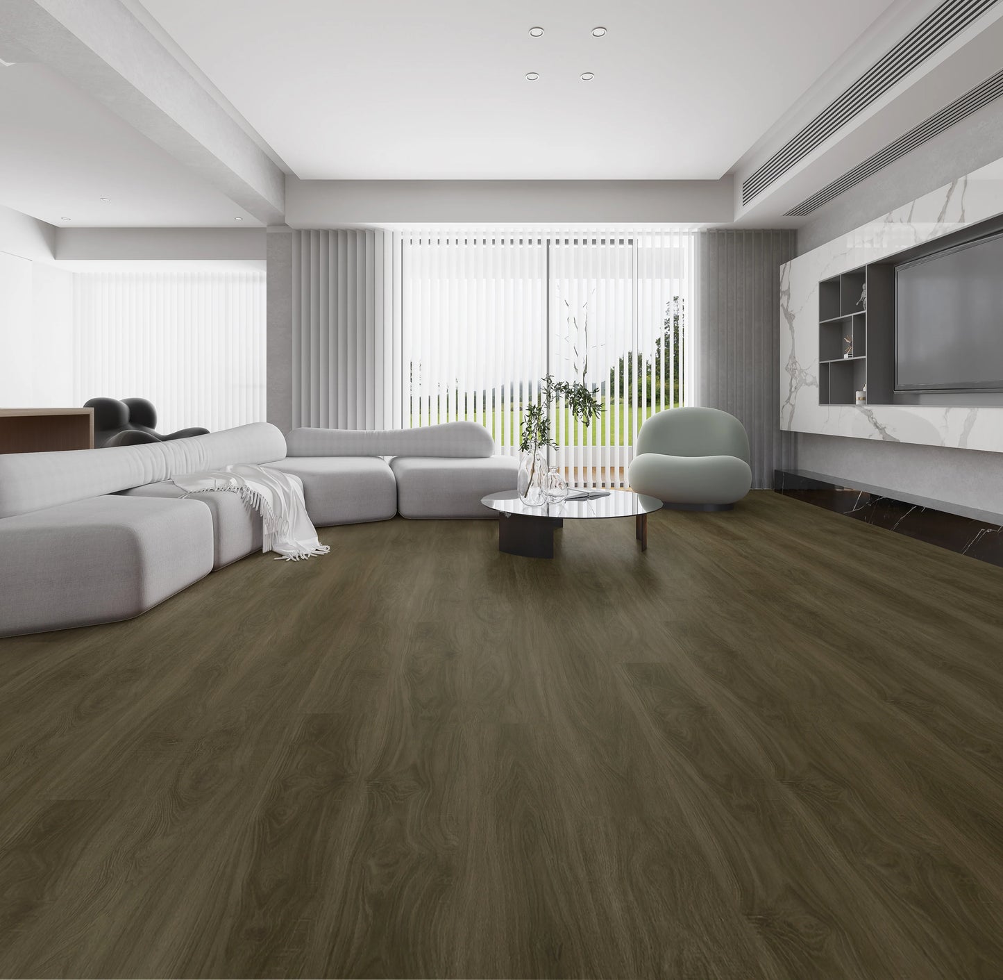 Niagra vinyl planks in dark brown with timber-inspired texture, Cascade range by NFD, living room view.