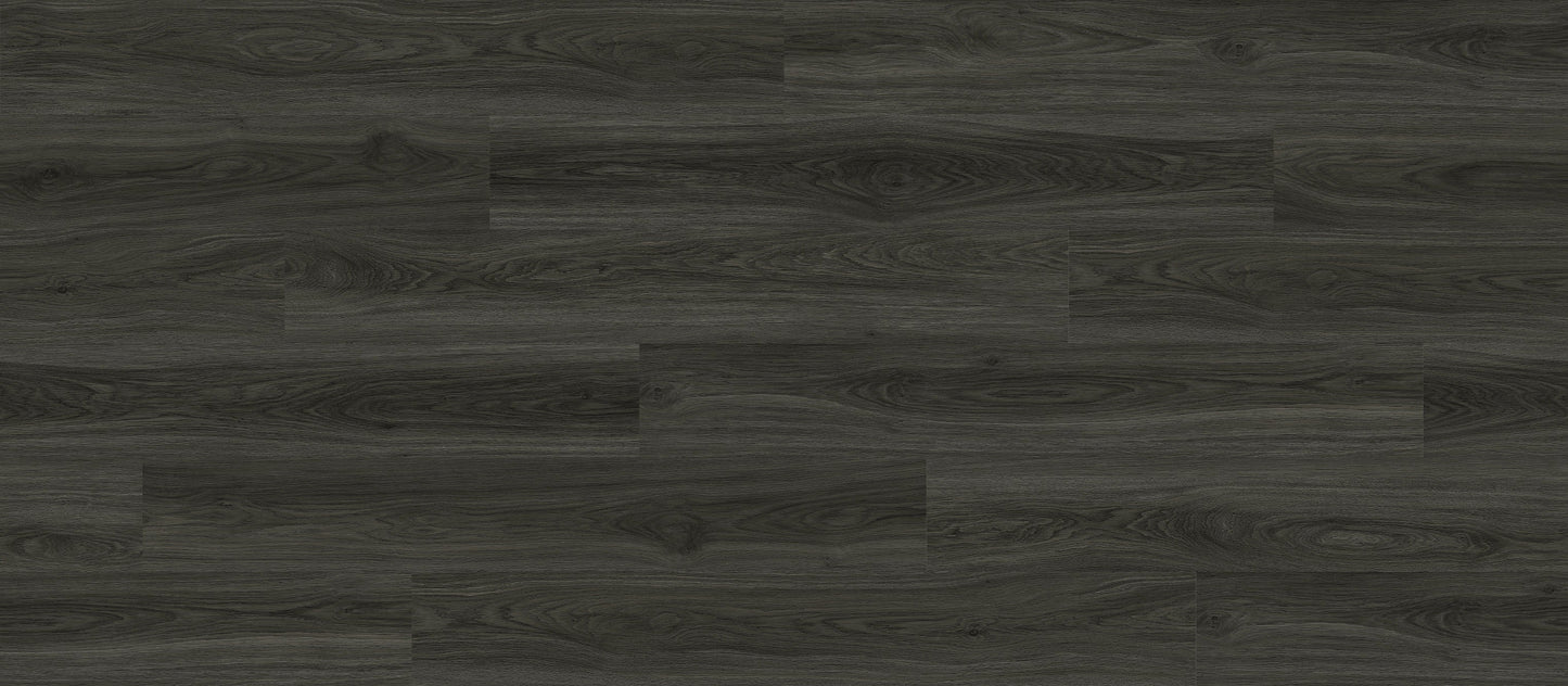 A close-up image of a vinyl plank with a black wood grain pattern. NFD Cascade in Teviot
