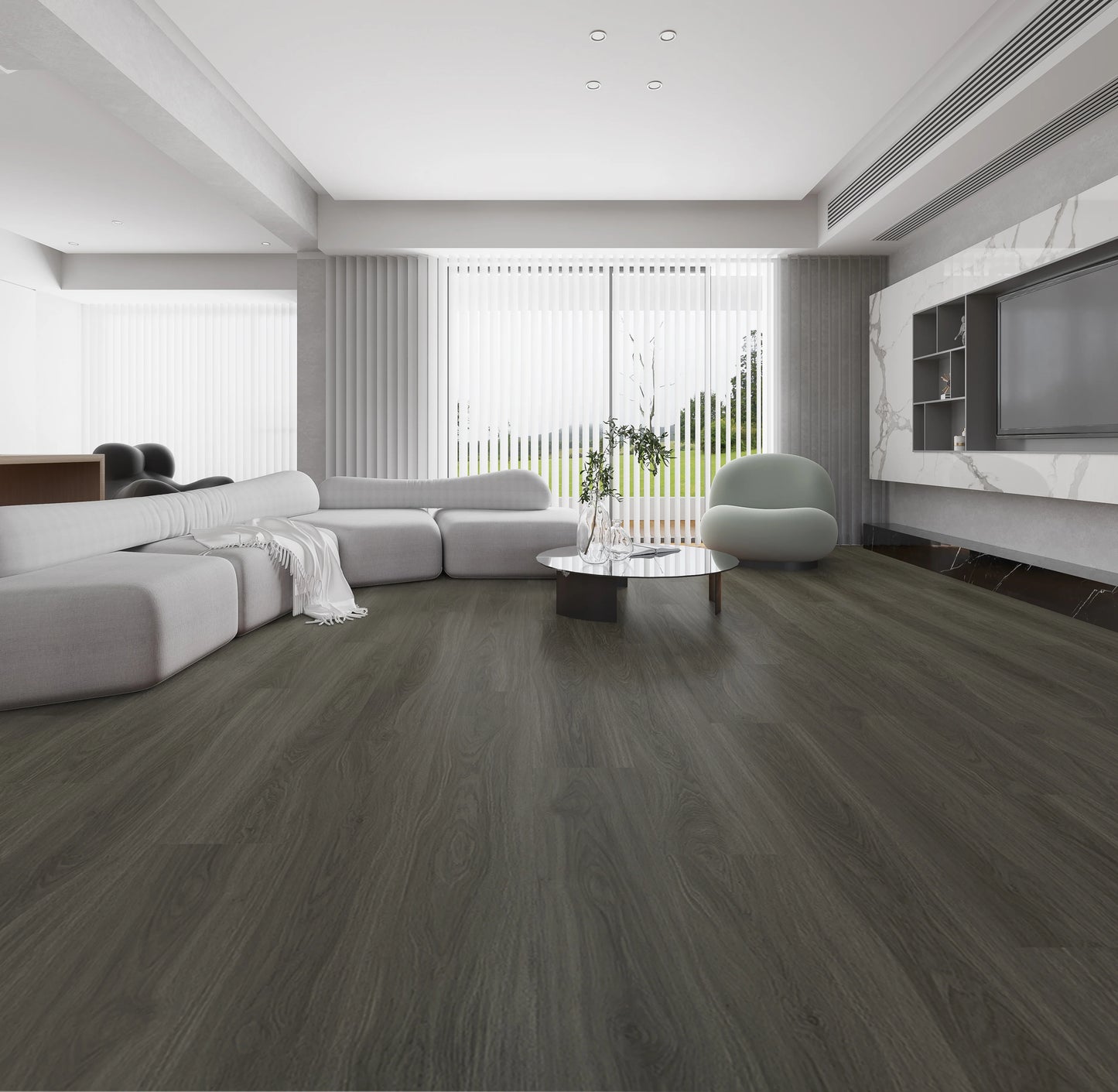Living room with NFD Cascade Teviot Vinyl Planks, dark black timber look flooring