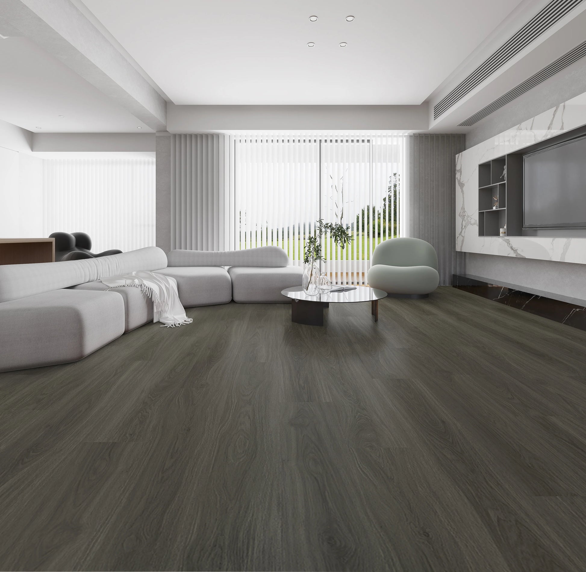 Living room with NFD Cascade Teviot Vinyl Planks, dark black timber look flooring