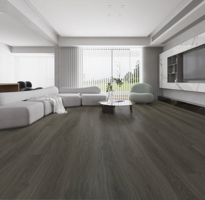 Living room with NFD Cascade Teviot Vinyl Planks, dark black timber look flooring