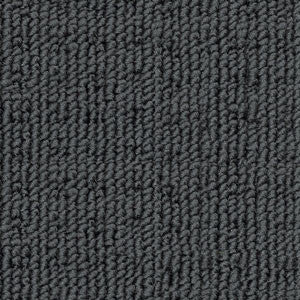 Sample swatch of Redbook Carpets Genesis loop-pile polypropylene carpet in Dark Cloud, showing a textured dark charcoal grey colour with a low looped square pattern.