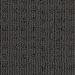 Sample swatch of Redbook Carpets Genesis loop-pile polypropylene carpet in Facade, showing a textured neutral dark grey colour with a low looped square pattern.