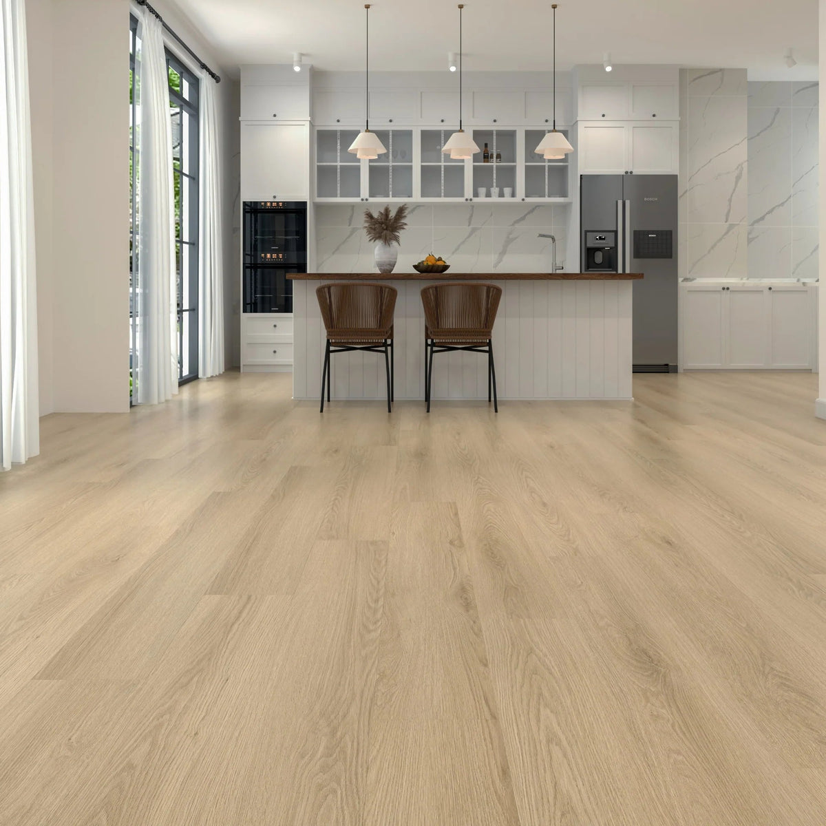 Kitchen with french oak lux grain 12mm laminate. 