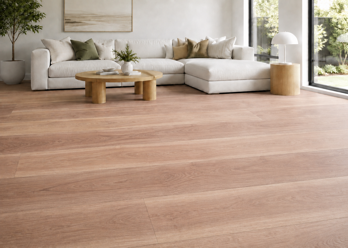 Light oak wood look hybrid plank flooring shown in a modern, bright living room with a white sectional sofa, wooden coffee table, and large windows.