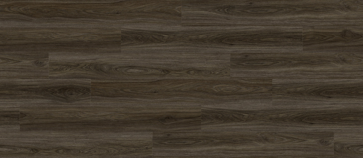 Close up of a dark brown vinyl plank flooring called American Walnut, Illusions, NFD