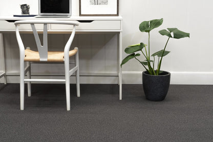 Modern office setup with a desk, chair, and potted plant.