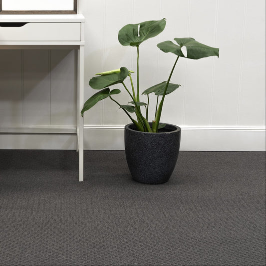 Home office with Kingscliff carpet in Ash Grey, desk and plant. 