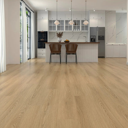 Modern kitchen with laminate flooring and white cabinets