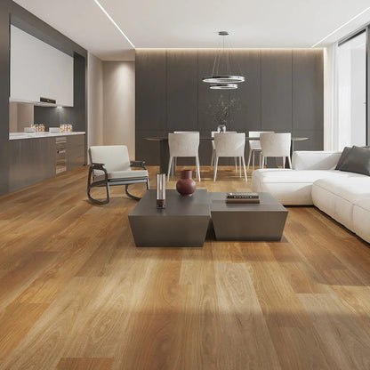 Modern living room with white sofa, hybrid wook look floor, and large windows.