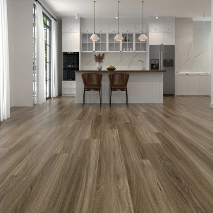 Modern kitchen with laminate flooring and white walls.