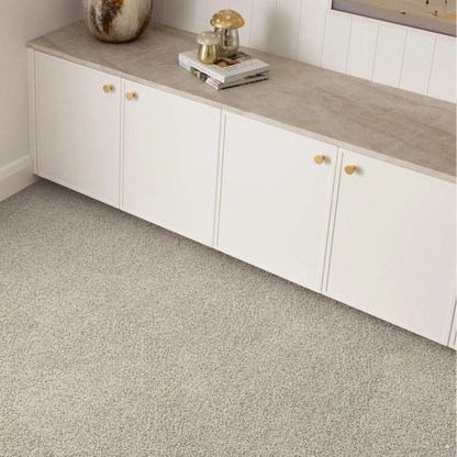 Gray carpet flooring and white cabinets.