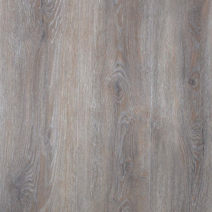 Close-up of River Driftwood Oak hybrid floooring wit Oah brown and gray tones.