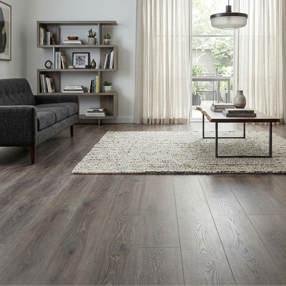 Modern living room with River Driftwood Oak hybrid flooring. 