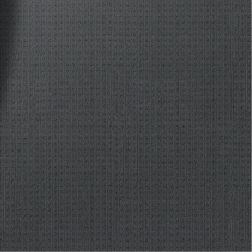 Sample swatch of Redbook Carpets Genesis loop-pile polypropylene carpet in Dark Cloud, showing a textured dark charcoal grey colour with a low looped square pattern.