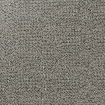 Close-up showing the chunky loop pile texture of solution dyed nylon carpet for family living spaces. medium grey