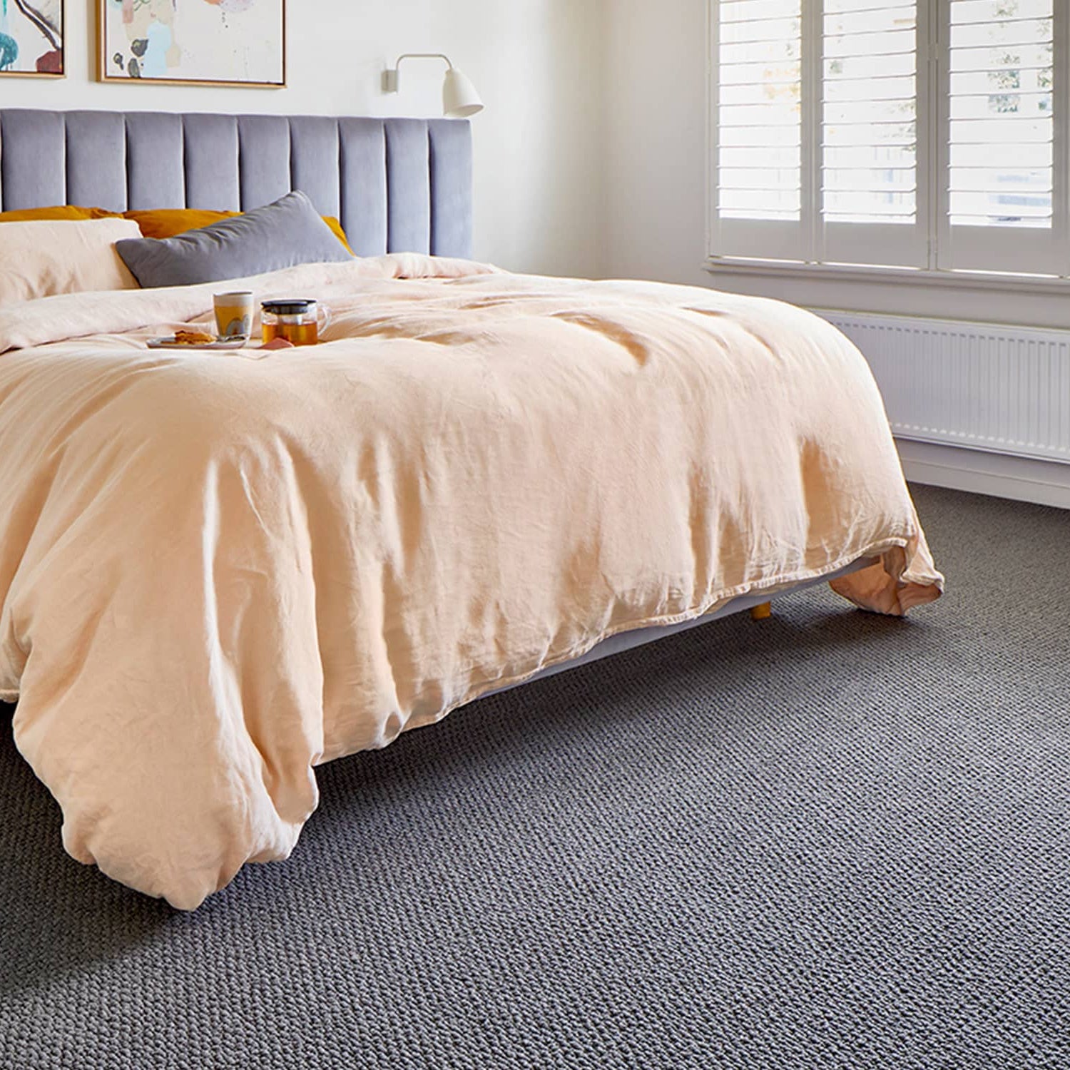 Comfortable bedroom with Redbook Central Valley nylon carpet - Award Carpets Loganholme.