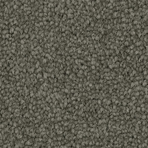 Close up of Godfrey Hirst Inspirational Manatee carpet sample showing soft triexta cut pile twist texture in a warm neutral grey-beige tone.